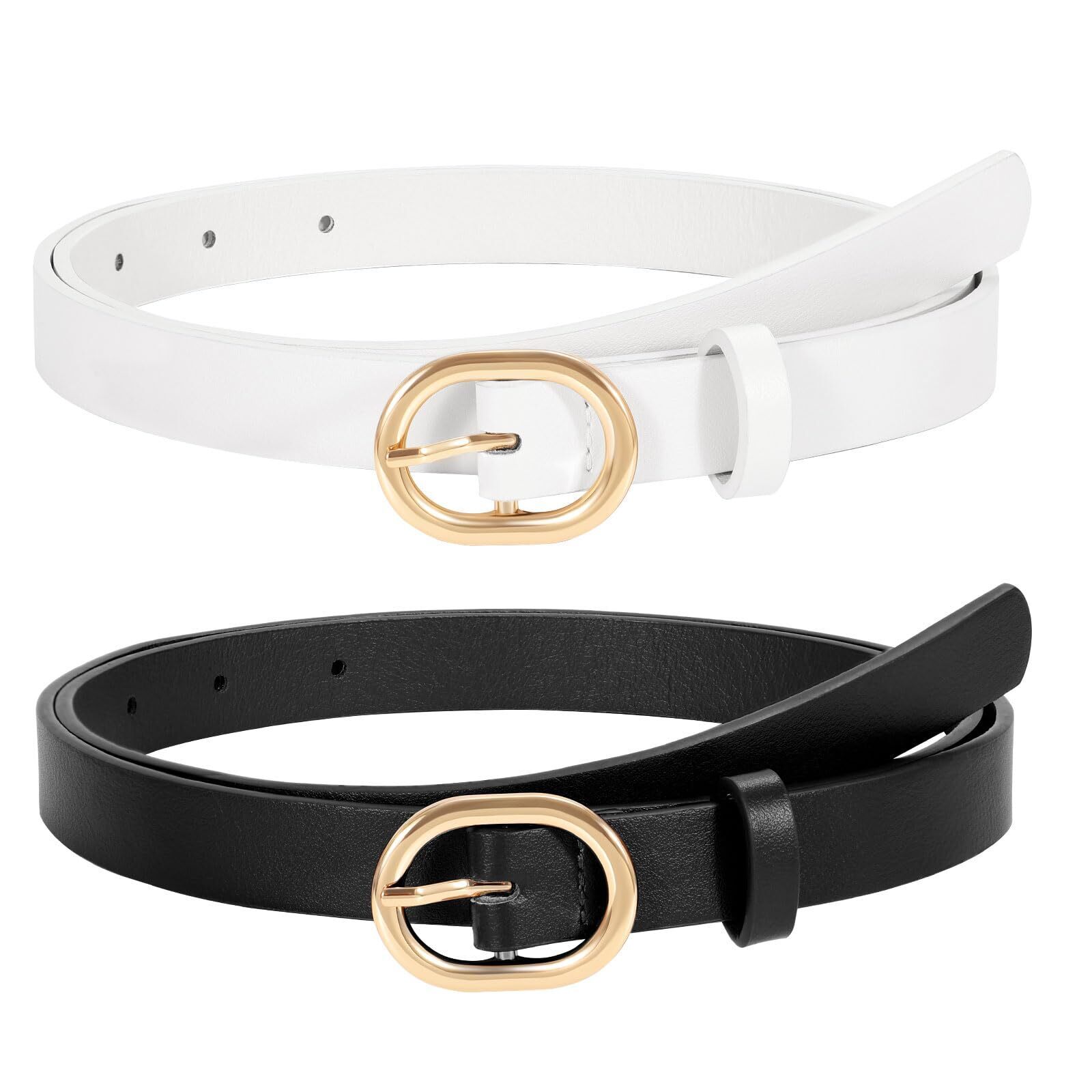 8661 2 Pack Women's Skinny Pu Leather Belt With Gold Buckle Ladies Thin